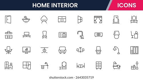 colección de iconos de línea de Web de Ilustración vectorial para el interior del hogar: muebles, decoración, iluminación y acogedores espacios de vida en un estilo moderno.