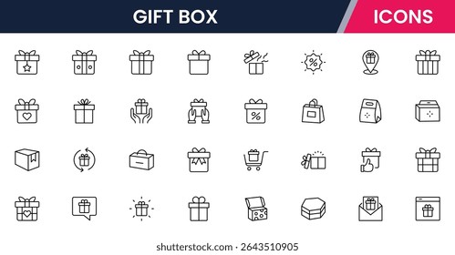 Vector illustration web line icon collection for gift box: presents, ribbons, surprises, and celebrations in a festive, modern, and vibrant design style.