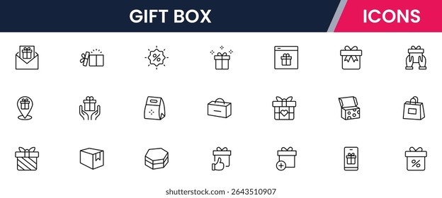 Vector illustration web line icon collection for gift box: presents, ribbons, surprises, and celebrations in a festive, modern, and vibrant design style.