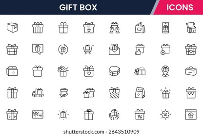 Vector illustration web line icon collection for gift box: presents, ribbons, surprises, and celebrations in a festive, modern, and vibrant design style.