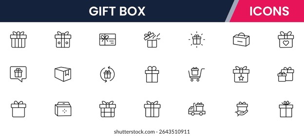 Vector illustration web line icon collection for gift box: presents, ribbons, surprises, and celebrations in a festive, modern, and vibrant design style.
