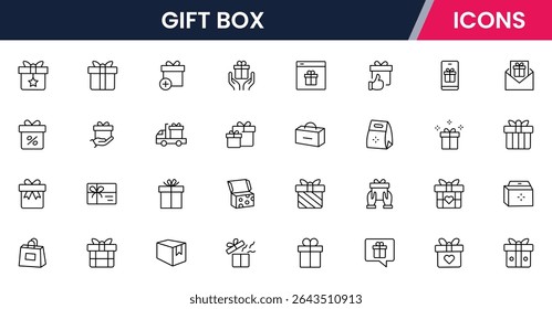 Vector illustration web line icon collection for gift box: presents, ribbons, surprises, and celebrations in a festive, modern, and vibrant design style.