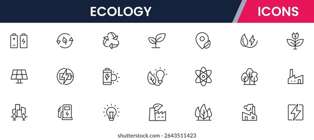 colección de iconos de la línea de Web de Ilustración vectorial para la ecología: naturaleza, sostenibilidad, energía renovable y vida ecológica en un estilo limpio, moderno y ecológico.