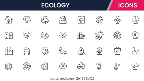 Vector illustration web line icon collection for ecology: nature, sustainability, renewable energy, and green living symbols in a clean, modern, eco-friendly style.