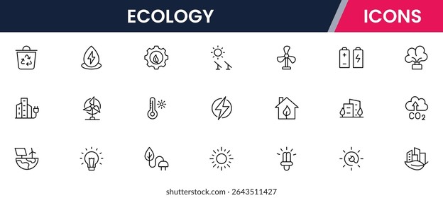 Vector illustration web line icon collection for ecology: nature, sustainability, renewable energy, and green living symbols in a clean, modern, eco-friendly style.