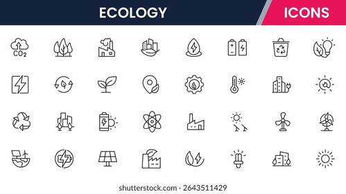 Vector illustration web line icon collection for ecology: nature, sustainability, renewable energy, and green living symbols in a clean, modern, eco-friendly style.