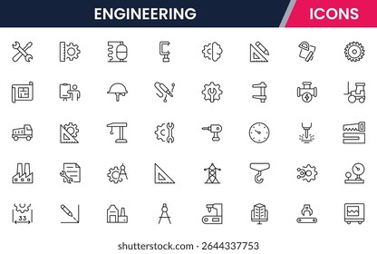 Ilustração vetorial coleção de ícones de linha da web para ferramentas de engenharia, plantas, engrenagens e símbolos técnicos em um estilo de design preciso, moderno e inovador.
