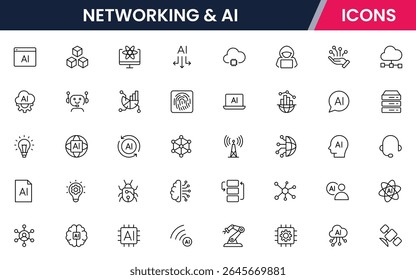 Vektorgrafik-Webline-Icon-Kollektion für Netzwerk und KI, Verbindungen, neuronale Netzwerke, Daten und technische Symbole in einem eleganten, modernen, innovativen Design-Stil.