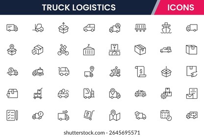 Vector illustration web line icon collection for truck logistics: vehicles, cargo, delivery, and transport symbols in a streamlined, modern, and efficient design style.
