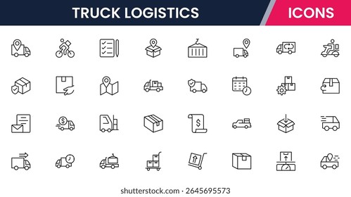 Vector illustration web line icon collection for truck logistics: vehicles, cargo, delivery, and transport symbols in a streamlined, modern, and efficient design style.