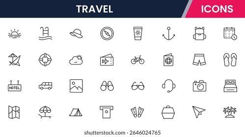 Vector illustration web line icon collection for travel: airplanes, suitcases, maps, and adventure symbols in a vibrant, modern, and exploratory design style.