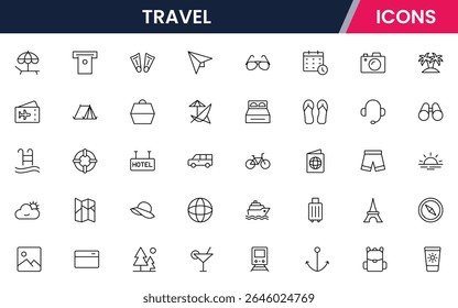 Vector illustration web line icon collection for travel: airplanes, suitcases, maps, and adventure symbols in a vibrant, modern, and exploratory design style.