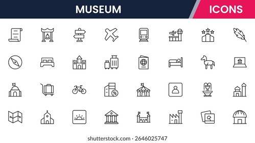 Ilustração vetorial da coleção de ícones de linha da Web para museu: artefatos, exposições, cultura e símbolos de história em um estilo de design refinado, moderno e elegante.