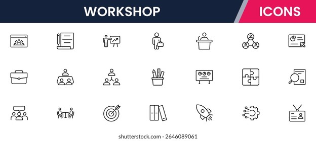 Vector illustration web line icon collection for workshop: tools, crafts, machinery, and creativity symbols in a dynamic, modern, and hands-on design style.