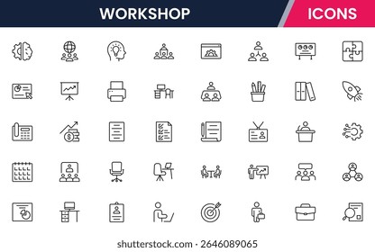 Vector illustration web line icon collection for workshop: tools, crafts, machinery, and creativity symbols in a dynamic, modern, and hands-on design style.