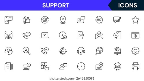 colección de iconos de línea de Web de Ilustración vectorial para Asistencia: mesa de ayuda, chat, Servicio al cliente y símbolos de asistencia en un estilo de diseño amigable, moderno y accesible.