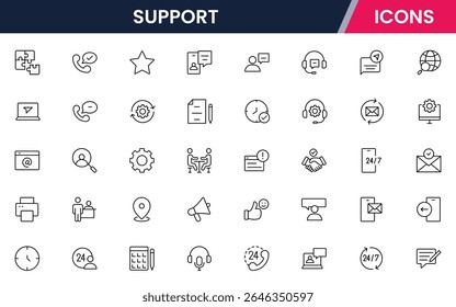 Ilustração vetorial coleção de ícones de linha da Web para suporte: assistência técnica, bate-papo, serviço ao cliente e símbolos de assistência em um estilo de design amigável, moderno e acessível.