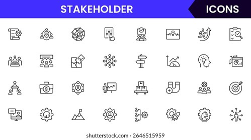 colección de iconos de líneas de Web de Ilustración vectorial para la colaboración de las partes interesadas, la influencia, la comunicación y los símbolos de colaboración en un estilo de diseño profesional, moderno e interconectado.
