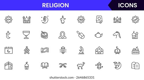 Ilustração vetorial da coleção de ícones de linha da Web para Religião, apresentando símbolos sagrados, rituais e elementos espirituais, projetados com linhas limpas e estética moderna.