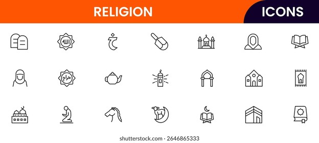 Ilustração vetorial da coleção de ícones de linha da Web para Religião, apresentando símbolos sagrados, rituais e elementos espirituais, projetados com linhas limpas e estética moderna.
