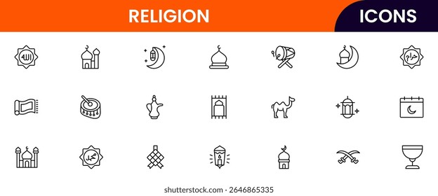 Ilustração vetorial da coleção de ícones de linha da Web para Religião, apresentando símbolos sagrados, rituais e elementos espirituais, projetados com linhas limpas e estética moderna.