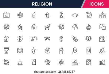 Ilustração vetorial da coleção de ícones de linha da Web para Religião, apresentando símbolos sagrados, rituais e elementos espirituais, projetados com linhas limpas e estética moderna.
