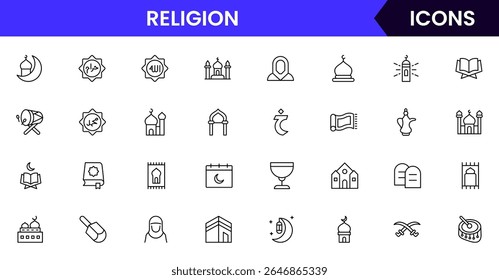 Ilustração vetorial da coleção de ícones de linha da Web para Religião, apresentando símbolos sagrados, rituais e elementos espirituais, projetados com linhas limpas e estética moderna.