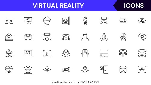 Vector illustration web line icon collection for Virtual Reality, featuring sleek headsets, controllers, and immersive digital worlds, designed with modern, minimalist aesthetics.