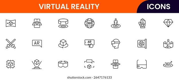Vector illustration web line icon collection for Virtual Reality, featuring sleek headsets, controllers, and immersive digital worlds, designed with modern, minimalist aesthetics.