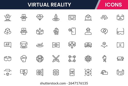 Vector illustration web line icon collection for Virtual Reality, featuring sleek headsets, controllers, and immersive digital worlds, designed with modern, minimalist aesthetics.