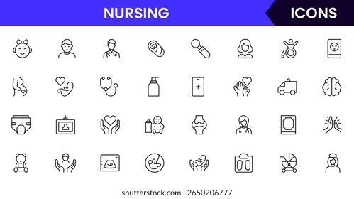 Vector illustration web line icon collection for nursing home care, elderly, medical, and support symbols in a compassionate, modern style.