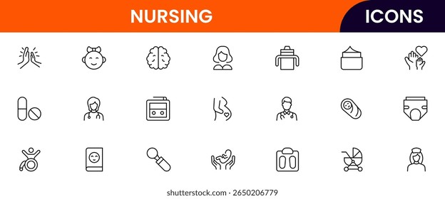 Vector illustration web line icon collection for nursing home care, elderly, medical, and support symbols in a compassionate, modern style.
