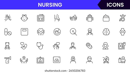 Vector illustration web line icon collection for nursing home care, elderly, medical, and support symbols in a compassionate, modern style.