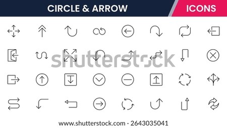Vector illustration web line icon collection for circle and arrow dynamic directional symbols, flowcharts, and navigation elements in a sleek, modern, minimalist style.