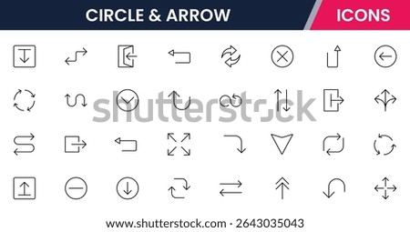 Vector illustration web line icon collection for circle and arrow dynamic directional symbols, flowcharts, and navigation elements in a sleek, modern, minimalist style.