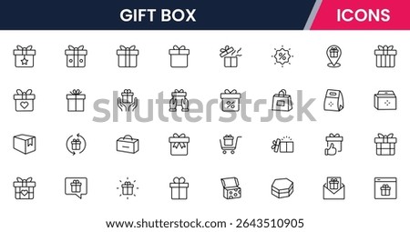 Vector illustration web line icon collection for gift box: presents, ribbons, surprises, and celebrations in a festive, modern, and vibrant design style.