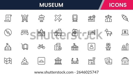 Vector illustration web line icon collection for museum: artifacts, exhibits, culture, and history symbols in a refined, modern, and elegant design style.