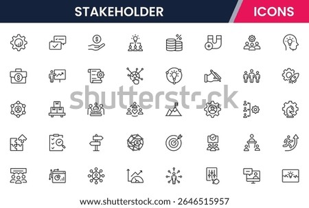 Vector illustration web line icon collection for stakeholder collaboration, influence, communication, and partnership symbols in a professional, modern, and interconnected design style.