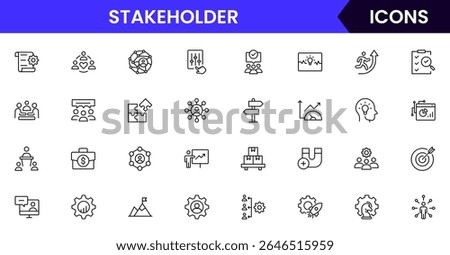 Vector illustration web line icon collection for stakeholder collaboration, influence, communication, and partnership symbols in a professional, modern, and interconnected design style.