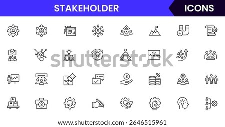 Vector illustration web line icon collection for stakeholder collaboration, influence, communication, and partnership symbols in a professional, modern, and interconnected design style.