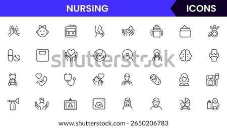 Vector illustration web line icon collection for nursing home care, elderly, medical, and support symbols in a compassionate, modern style.