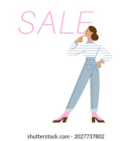 Vector illustration for web, magazines, etc. Woman is making a choice, pondering about purchase. Thinking woman.