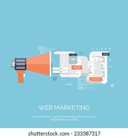 Vector illustration. Web marketing. Flat computing background. Programming and coding. Web development and search. Search engine optimization. Innovation and technologies. Mobile app.
