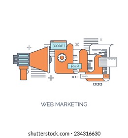 Vector illustration. Web marketing. Flat computing background. Programming and coding. Web development and search. Search engine optimization. Innovation and technologies. Mobile app.
