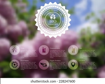 Vector illustration of  web and mobile interface template with badge label and lilac flowers. Organic cosmetics blurred website design