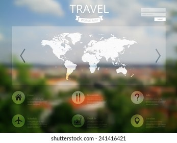 vector illustration of web, mobile interface template with blurry cityscape background. Corporate website page design.  Tourism, enjoy travel concept. Vector blurred cityscape.  