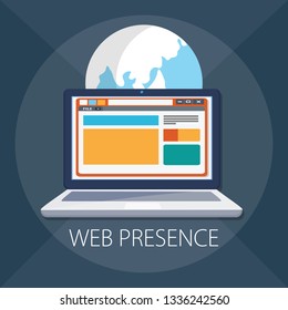 Vector illustration of web online search engine & business marketing - internet technology. " web presence " digital interface. social marketing concept