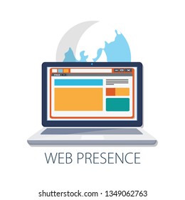 Vector illustration of web online search engine & business marketing - internet technology. " web presence " digital interface. social marketing concept