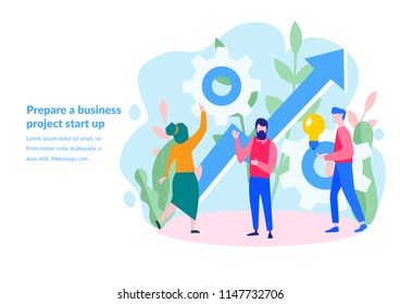 vector illustration for web page, banner, presentation, social media, documents, cards, posters. a group of people characters are thinking over an idea. prepare a business project start up