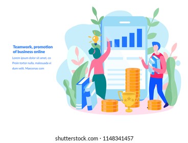 vector illustration for web page, banner, presentation, social media, documents, cards, posters.people are building a business on the internet. Screen with a website. teamwork
